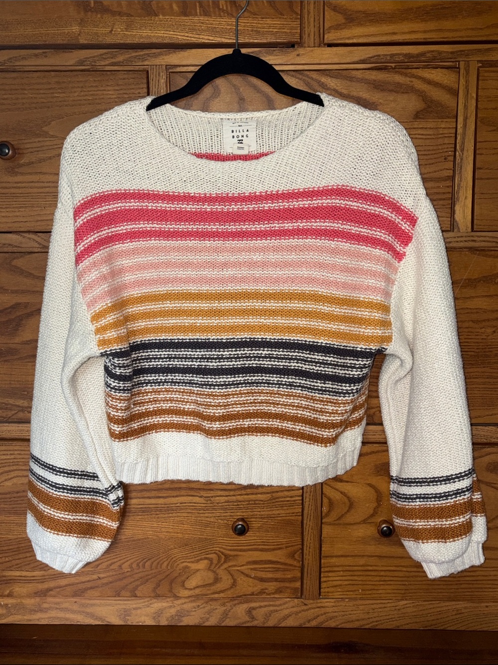 Billabong White Cropped Stripe Sweater with Pink, Mustard, Black and Brown